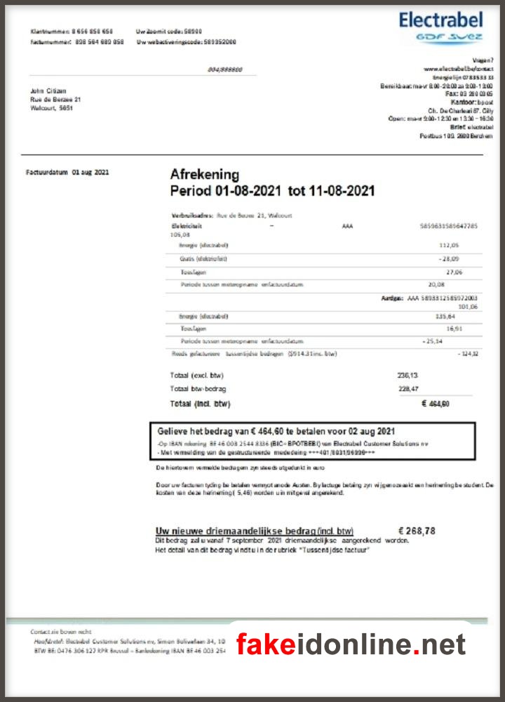 Belgium Utility Bill PSD Template - Belgium Proof of Address